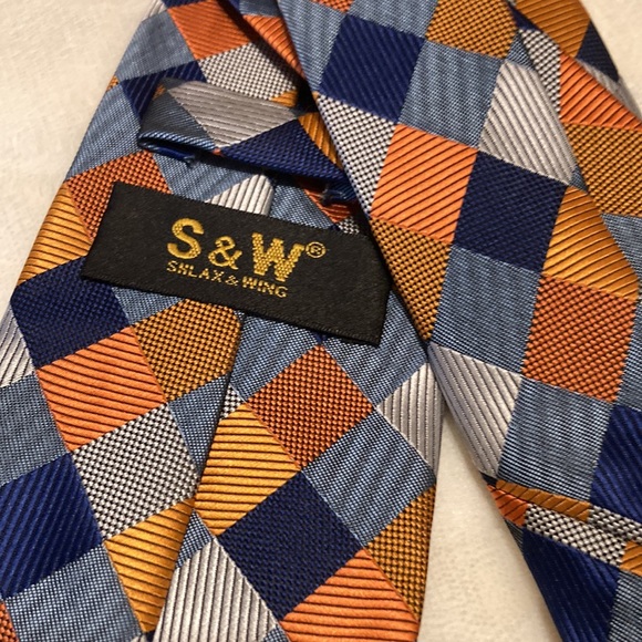 S & W Shlax & Wing navy orange checked tie - Picture 3 of 3